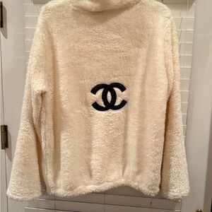 CHANEL Ivory Fleece Jacket with Black Logo